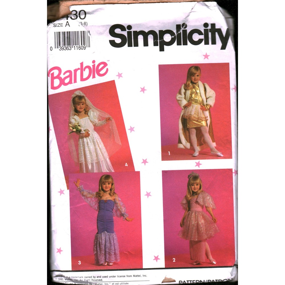 Vintage 1991 Simplicity 7430 Barbie Dress Up Clothes Sewing Pattern Child  3-8